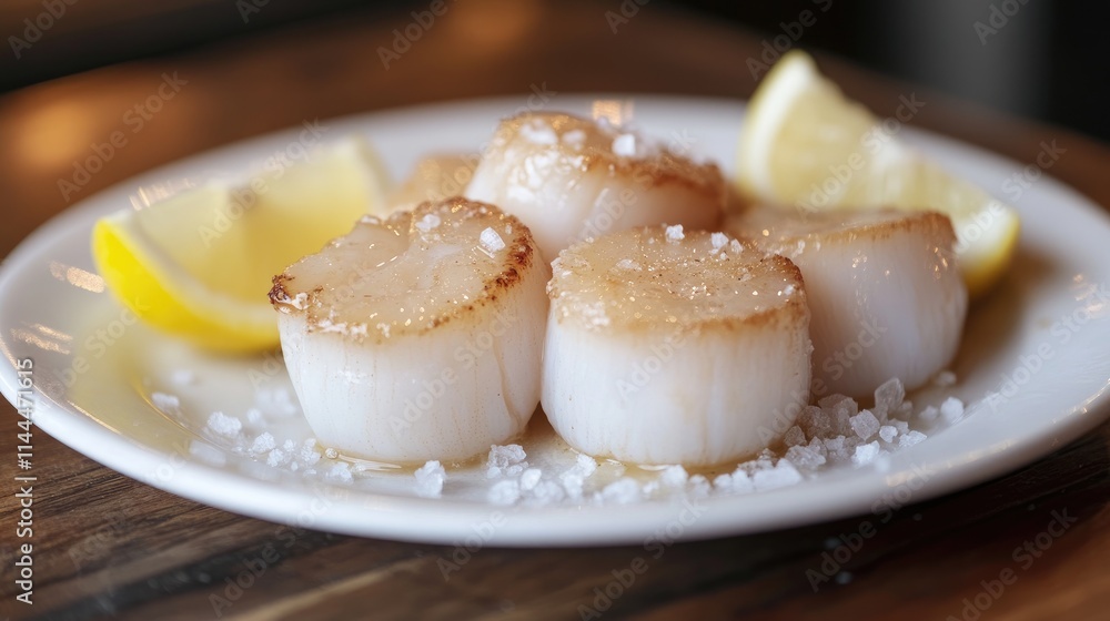 Freshly Seared Scallops with Lemon Garnish on a White Plate