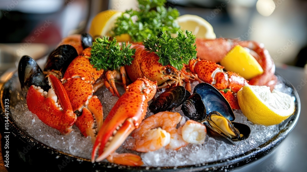 Fresh Seafood Platter with Lobster, Shrimp, Mussels, and Garnish Fresh Seafood Platter with Lobster, Shrimp, Mussels, and Garnish