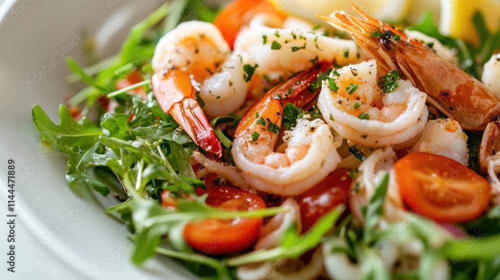 Fresh Shrimp and Tomato Salad with Green Leaves and Lemon Slice Fresh Shrimp and Tomato Salad with Green Leaves and Lemon Slice