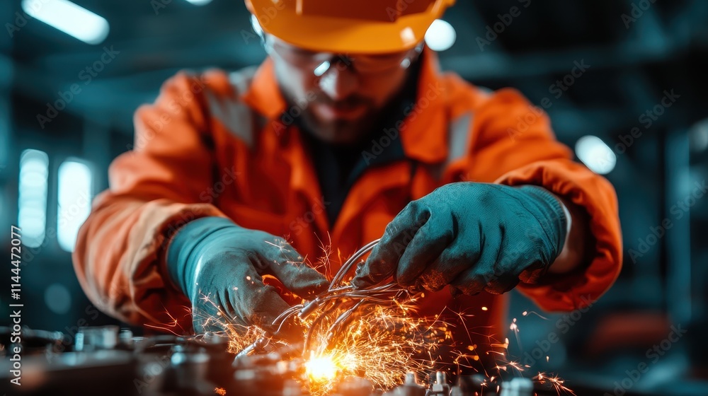 A worker in a hard hat and gloves is using a cutting tool on metal, creating bright sparks in a busy industrial environment, highlighting craftsmanship and precision. A worker in a hard hat and gloves is using a cutting tool on metal, creating bright sparks in a busy industrial environment, highlighting craftsmanship and precision.