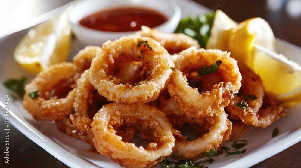 Crispy Fried Calamari with Lemon Wedges and Dipping Sauce Crispy Fried Calamari with Lemon Wedges and Dipping Sauce