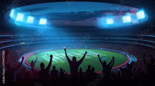Nighttime Cricket Stadium Crowd Cheering Players Game