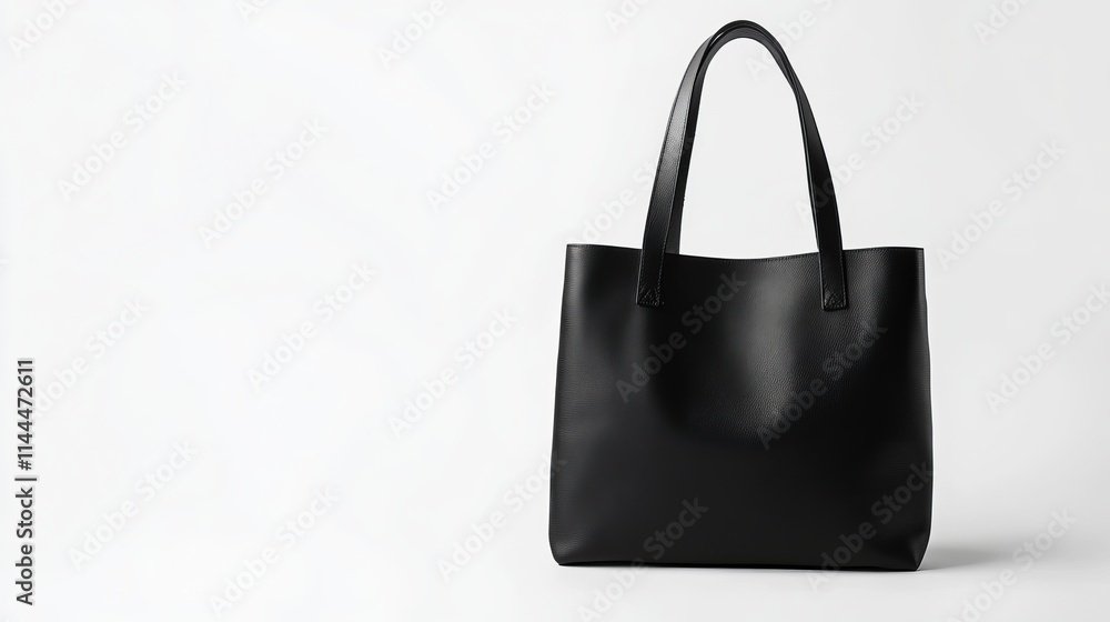 Leather Tote Bag: A sleek black leather tote bag with long handles and a minimalist design, isolated on a clean white background. Leather Tote Bag: A sleek black leather tote bag with long handles and a minimalist design, isolated on a clean white background.