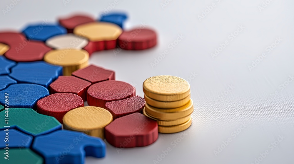 Colorful game pieces with stacks of coins, showcasing a strategic board game setup. Colorful game pieces with stacks of coins, showcasing a strategic board game setup.