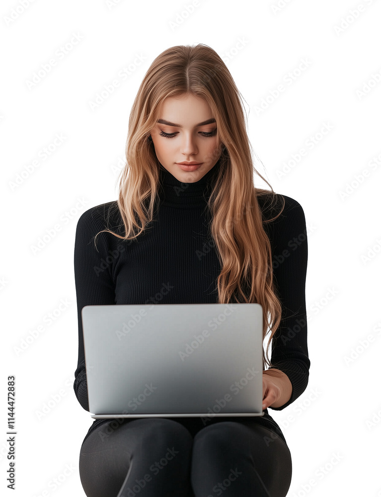 focused woman with long blonde hair is typing on laptop, wearing black turtleneck sweater. She appears concentrated and engaged in her work, sitting against plain background focused woman with long blonde hair is typing on laptop, wearing black turtleneck sweater. She appears concentrated and engaged in her work, sitting against plain background