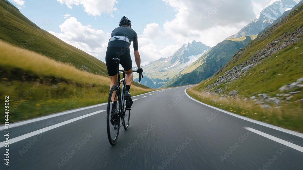 Bicyclist man cycling on an open road surrounded by mountains. A man rides his bicycle on a smooth asphalt road amidst mountains. Bicyclist man cycling on an open road surrounded by mountains. A man rides his bicycle on a smooth asphalt road amidst mountains.