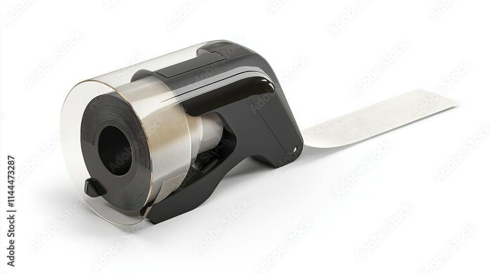 Tape Dispenser: A desktop tape dispenser with a roll of transparent adhesive tape, isolated on a white background Tape Dispenser: A desktop tape dispenser with a roll of transparent adhesive tape, isolated on a white background