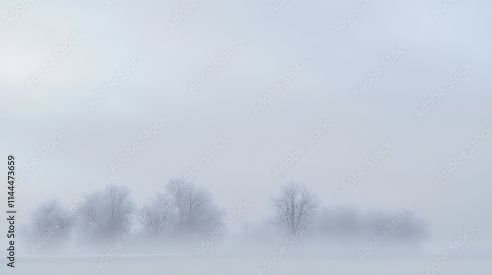 Frosted white trees and snowy fields softly veiled in morning mist, with delicate hues of pale blue and gray creating an ethereal winter landscape filled with calm serenity.