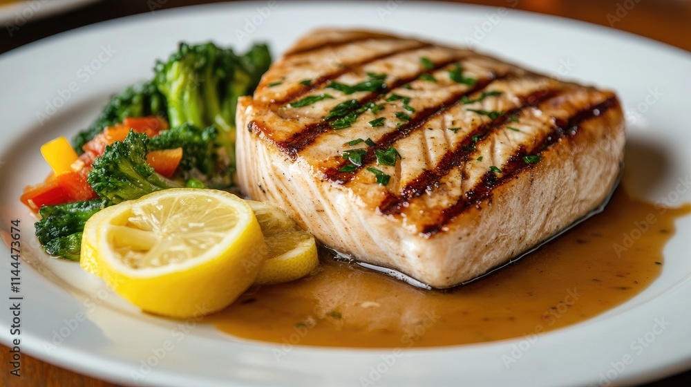 Grilled Salmon Fillet with Lemon and Fresh Vegetables on Plate