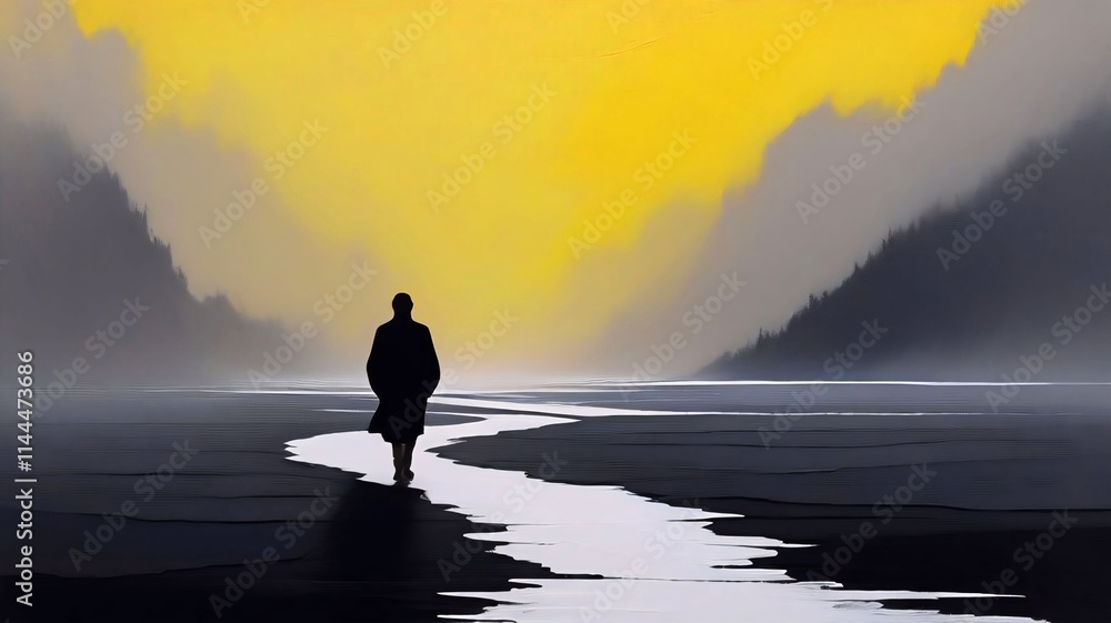A person is walking on the street in a silhouette style A person is walking on the street in a silhouette style