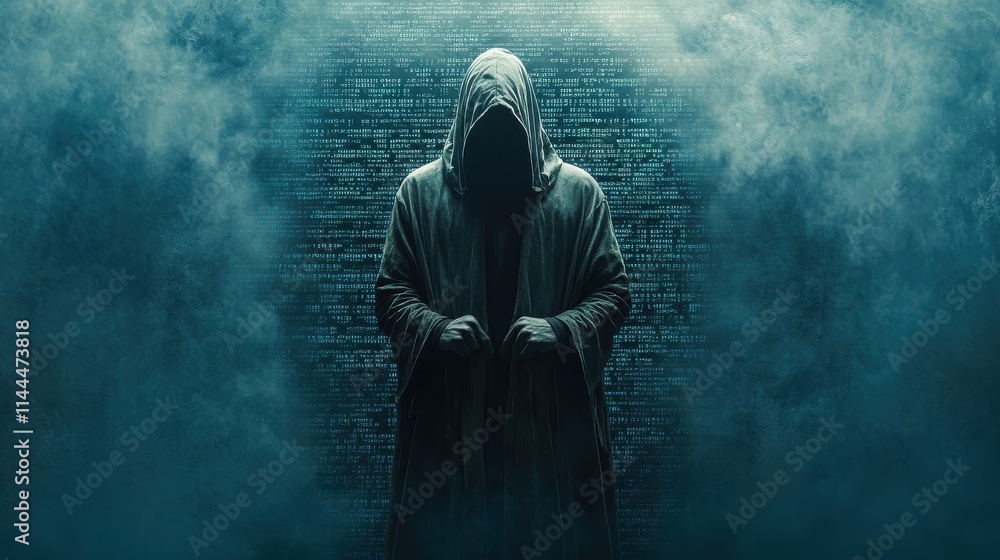 A cloaked figure stands shrouded in mist against a textured background, evoking an eerie and mysterious atmosphere.