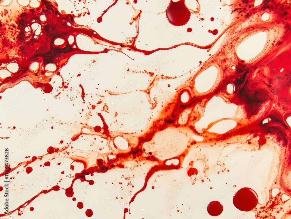 Fototapeta premium Red liquid splatters and streaks on a white background