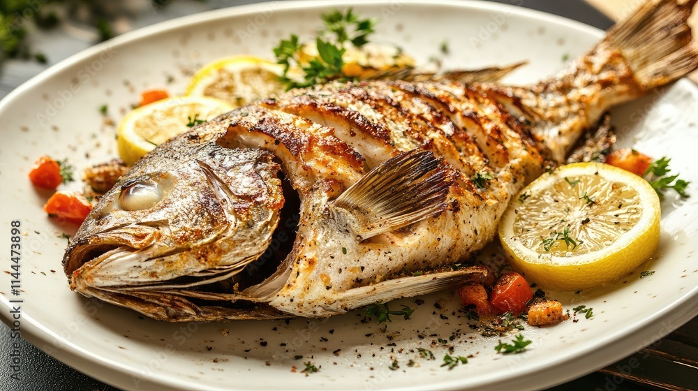Grilled Fish with Lemon and Herbs on White Plate Garnished Beautifully Grilled Fish with Lemon and Herbs on White Plate Garnished Beautifully
