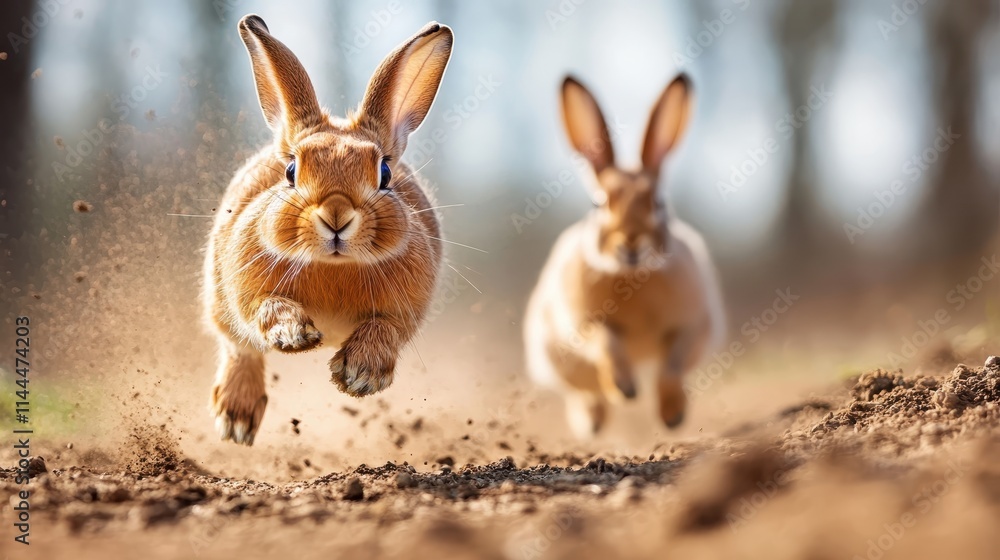 Fototapeta premium A pair of brown rabbits sprinting swiftly in a natural outdoor environment, kicking up dust as they go, showcasing their agility and speed in the wild.