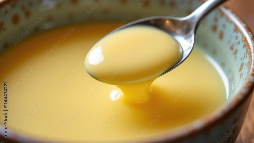 A spoon filled with creamy yellow soup or sauce, ready to be served from a bowl. A spoon filled with creamy yellow soup or sauce, ready to be served from a bowl.