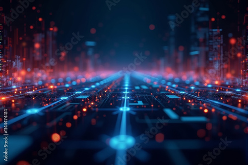 A high-tech artificial intelligence background with layered grids  glowing blue circuits  and interconnected futuristic visuals..