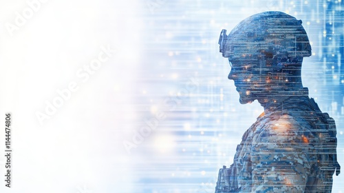 A digital silhouette of a soldier, representing the intersection of technology and military themes in a futuristic context.