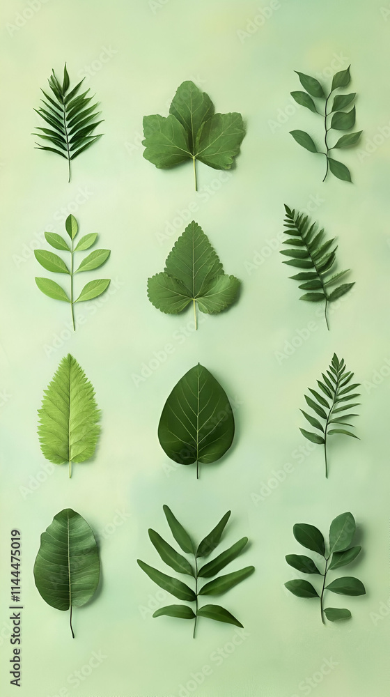 A collection of various green leaves arranged artistically on a soft background. A collection of various green leaves arranged artistically on a soft background.
