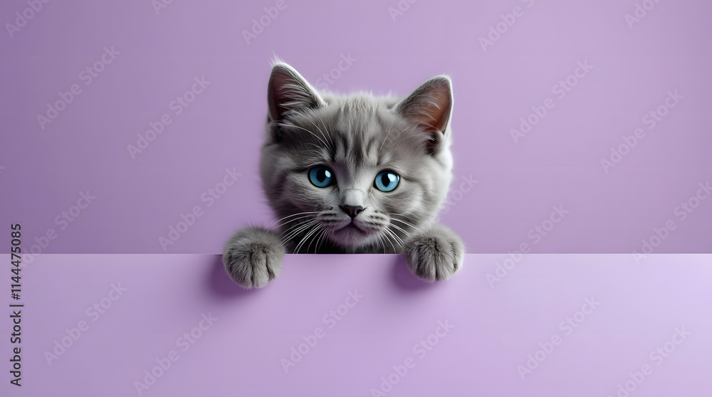 Adorable gray British kitten playfully peeking over a purple backdrop. Curious cat presenting a violet placard design. Pet-themed banner with space for text. Adorable gray British kitten playfully peeking over a purple backdrop. Curious cat presenting a violet placard design. Pet-themed banner with space for text.