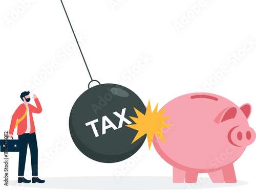 A man panics seeing a metal ball with tax written on it crushing a pile of coins. Illustration for paying taxes, tax deductions,

