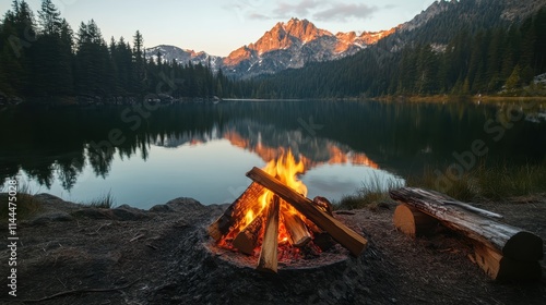 A bright campfire adds warmth to a tranquil setting by a lake, mirroring the beautiful mountainous landscape, where forest and sky converge harmoniously. photo