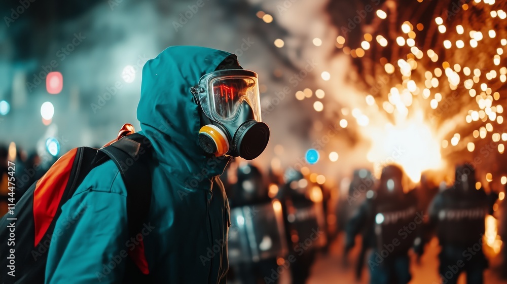 Masked individual navigates chaos during evening protest amid explosions. Person in protective gear walks through vibrant protest with bursts of light. Masked individual navigates chaos during evening protest amid explosions. Person in protective gear walks through vibrant protest with bursts of light.