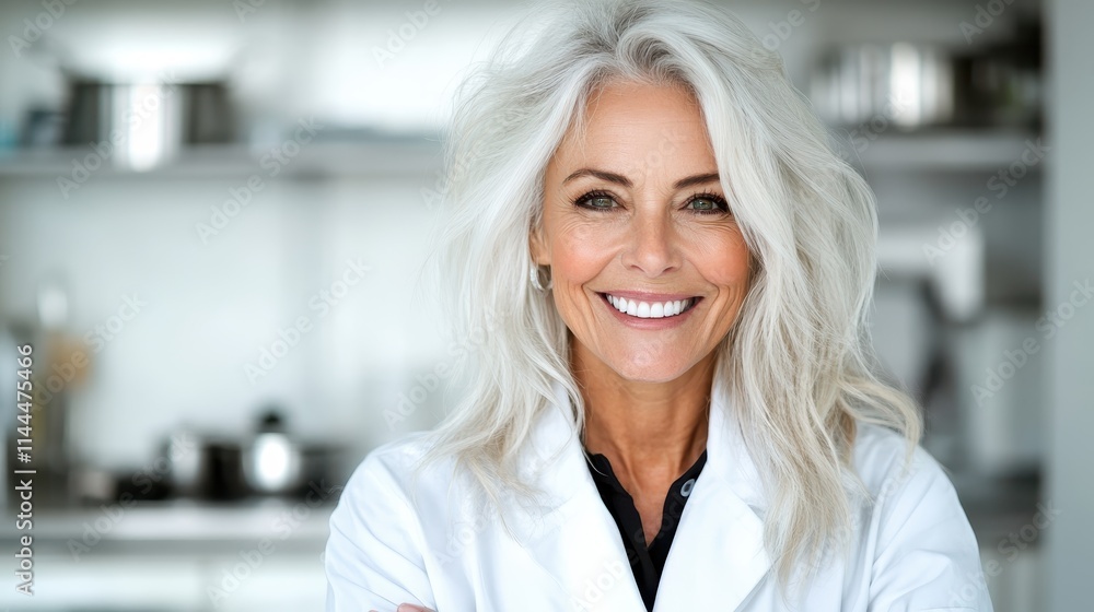 An elder woman, confidently smiling, donned in a lab coat, symbolizes wisdom, professionalism, and experience, set in a modern scientific environment. An elder woman, confidently smiling, donned in a lab coat, symbolizes wisdom, professionalism, and experience, set in a modern scientific environment.