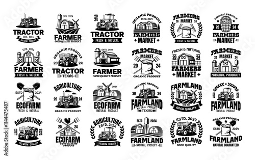 Vintage farmer logo templates collection. Farmers market ornament logo vector design elements set. Emblem of farm shop set