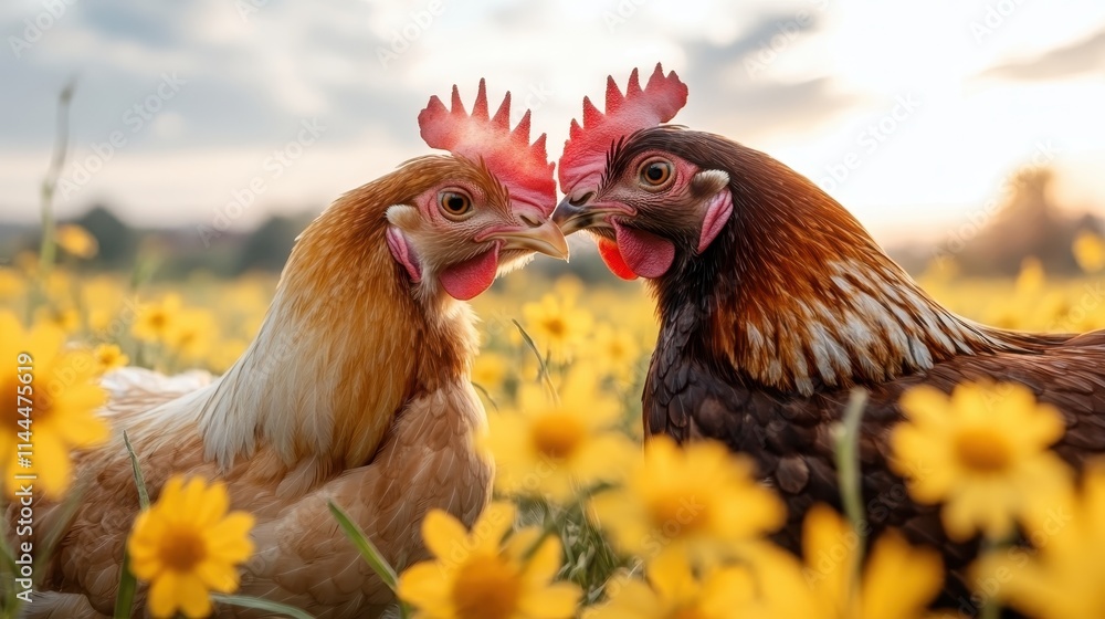 Fototapeta premium Captured in a sunny field, two hens engage in a serene moment amidst a vibrant sea of yellow blossoms, representing peaceful coexistence in nature.