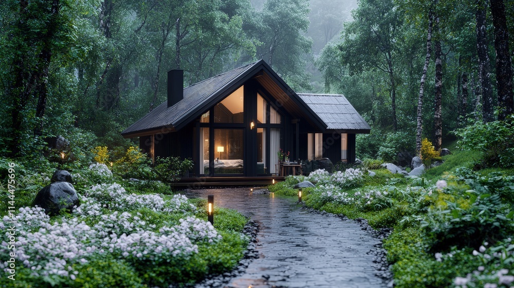 Modern black cabin nestled in a lush, misty forest with a stone path leading to its entrance. Modern black cabin nestled in a lush, misty forest with a stone path leading to its entrance.