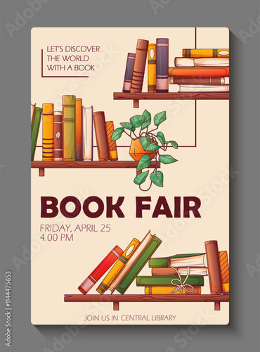 Template for poster design for book fair with bookshelves. Vector illustration of stack of books.  Book lover, bookstore, library, reading concept.