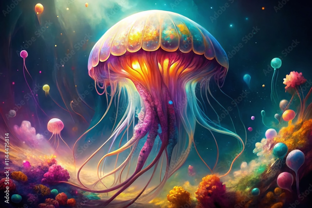 Naklejka premium Watercolor Jellyfish Painting, Ocean Art, Underwater Sea Life, Aquatic Animals, Blue Jellyfish Illustration