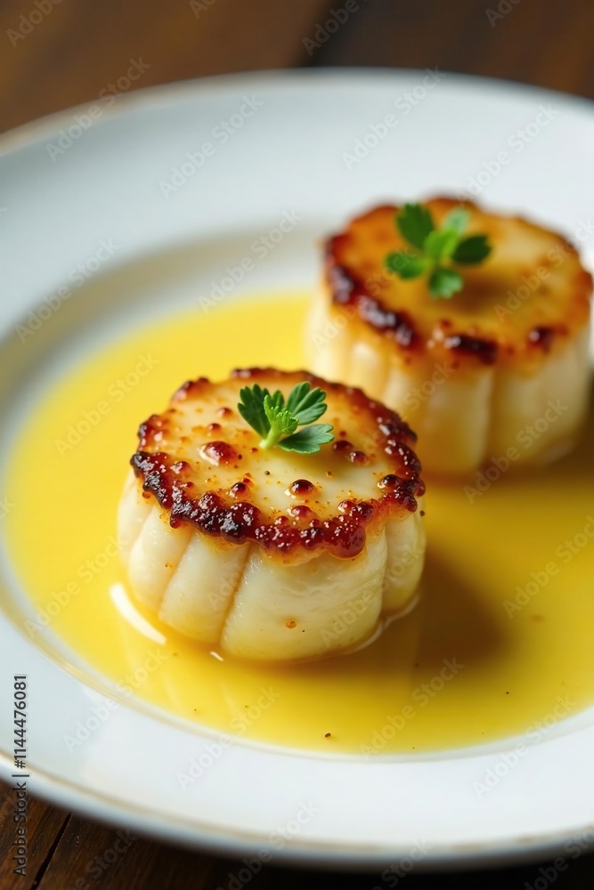 Pan-seared scallops with garlic butter sauce on a white plate, nouveau riche, garlic butter, sauce Pan-seared scallops with garlic butter sauce on a white plate, nouveau riche, garlic butter, sauce