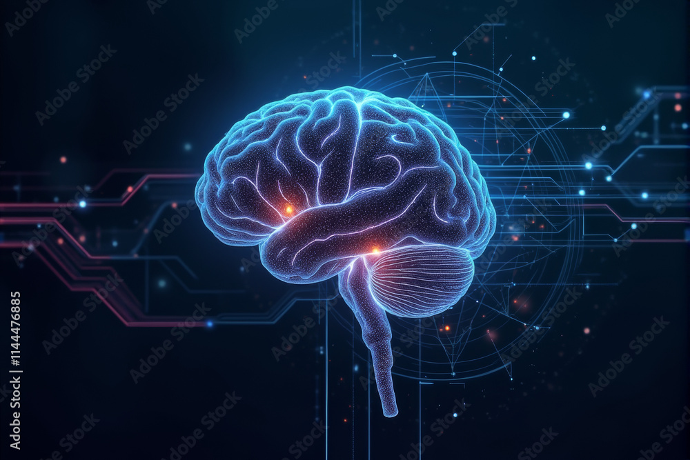 Fototapeta premium A futuristic AI brain background featuring neural grid visuals, glowing circuits, and abstract data streams for a high-tech concept..