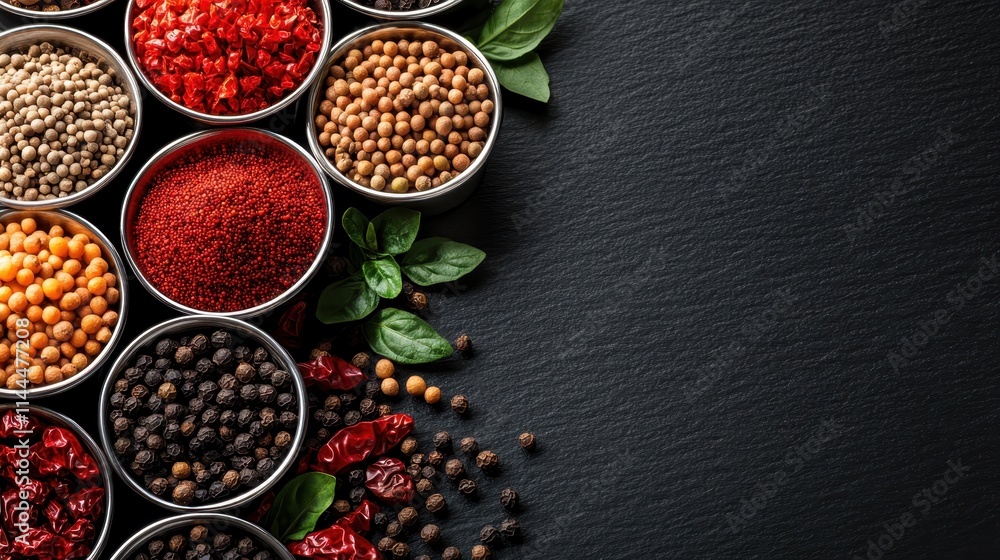 Eight bowls of spices in diverse colors and textures are creatively arranged on a dark slate background, offering a rich and flavorful visual experience. Eight bowls of spices in diverse colors and textures are creatively arranged on a dark slate background, offering a rich and flavorful visual experience.
