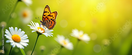 Pomarańczowy motyl odpoczywający na kwiatku stokrotki na rozświetlonej słońcem łące photo