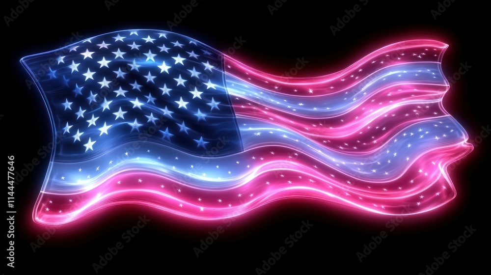 Neon American flag waving in vibrant colors. Neon American flag waving in vibrant colors.