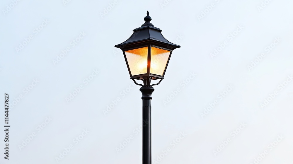 A black street lamp post set against a white backdrop. A black street lamp post set against a white backdrop.
