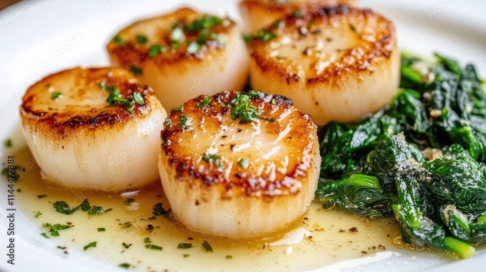 Grilled Scallops with Garlic Butter and Fresh Green Spinach Grilled Scallops with Garlic Butter and Fresh Green Spinach
