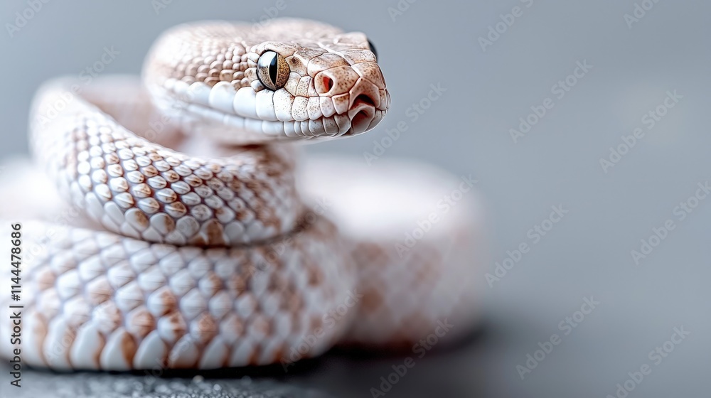 Close-up of a pale, coiled snake. Close-up of a pale, coiled snake.