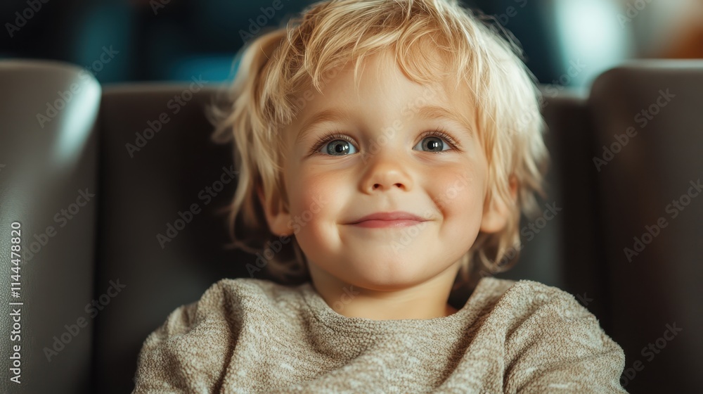 A smiling boy with bright eyes looks contently while relaxed on a comfortable chair, under soft lighting, representing peace, innocence, and youthful joy. A smiling boy with bright eyes looks contently while relaxed on a comfortable chair, under soft lighting, representing peace, innocence, and youthful joy.