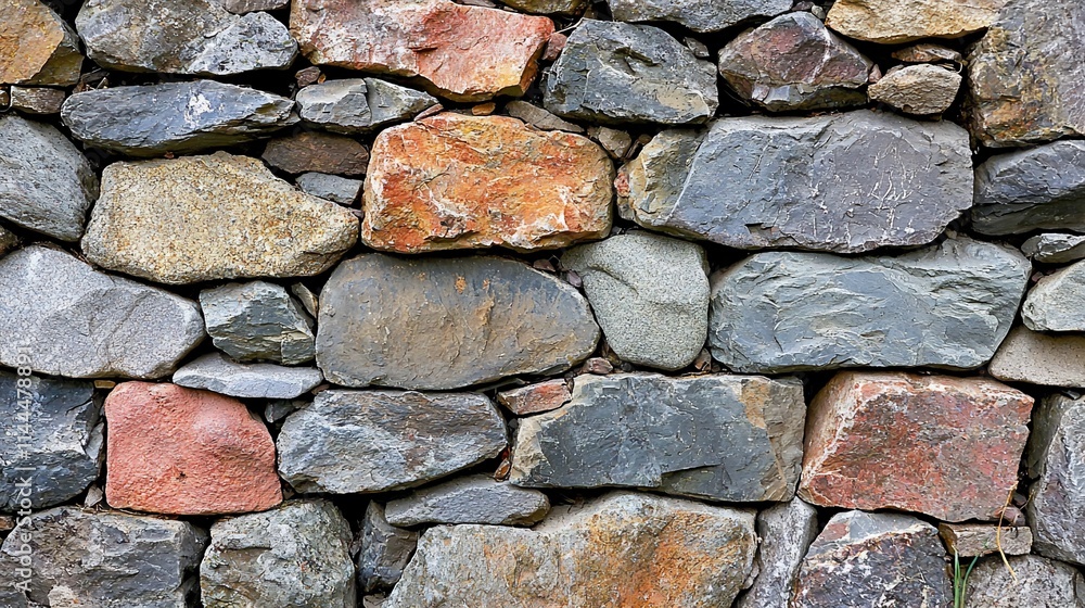 Rustic stone wall texture with varied colors and shapes.