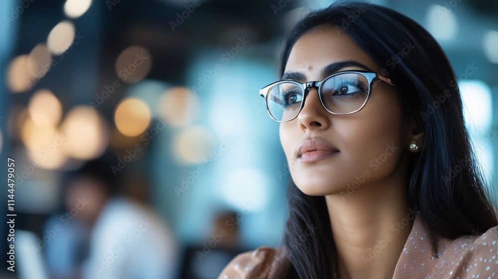 Young Indian woman in stylish glasses contemplating in a modern cafe setting. Young beautiful Indian woman in glasses savors a thoughtful moment at a cafe. Young Indian woman in stylish glasses contemplating in a modern cafe setting. Young beautiful Indian woman in glasses savors a thoughtful moment at a cafe.