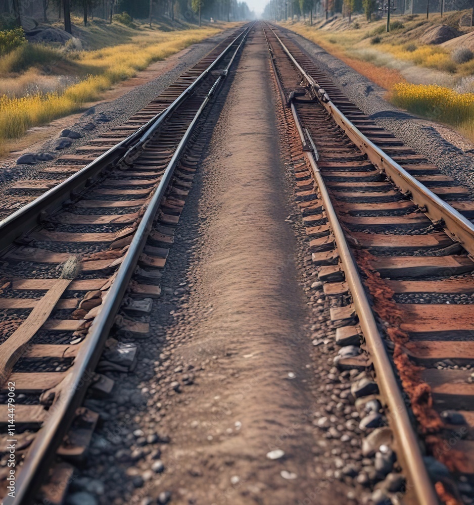 Railroad tracks splitting into two distinct paths, divergent path, bifurcation, railway divergence Railroad tracks splitting into two distinct paths, divergent path, bifurcation, railway divergence