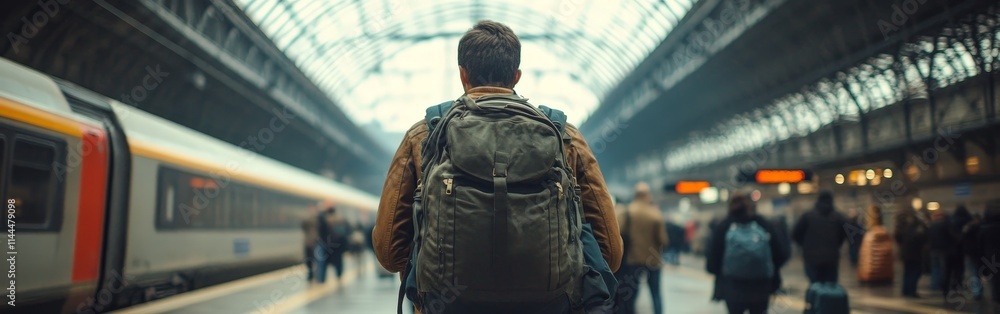 Traveler Waiting at a Busy Train Station Traveler Waiting at a Busy Train Station