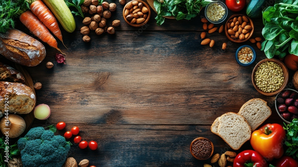 Fresh Organic Produce and Nuts Arranged on Rustic Wooden Table Fresh Organic Produce and Nuts Arranged on Rustic Wooden Table