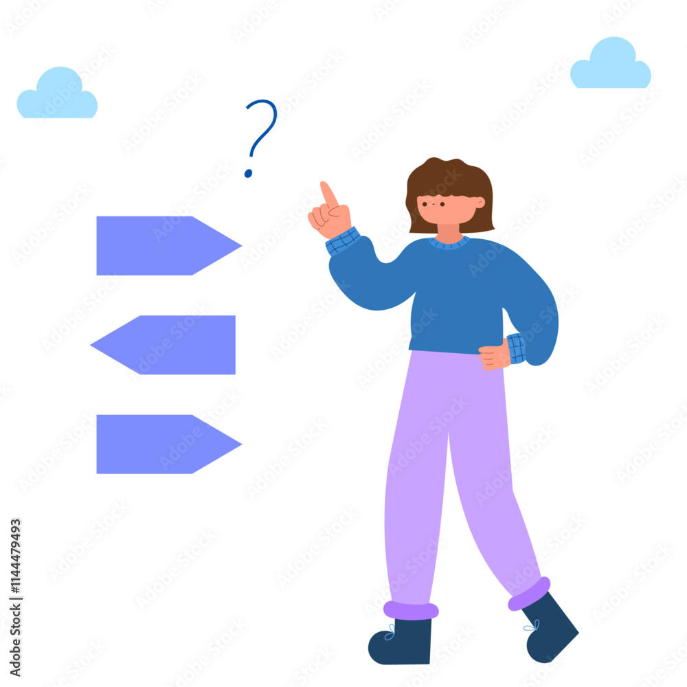 woman making decisions with direction arrows and question mark flat design illustration
