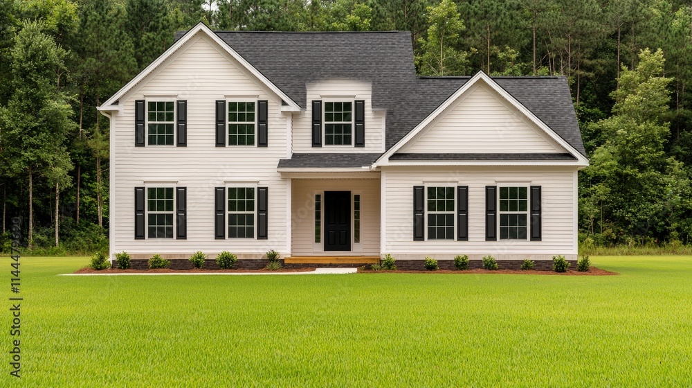 Two-story white house with black shutters and a green lawn. Two-story white house with black shutters and a green lawn.