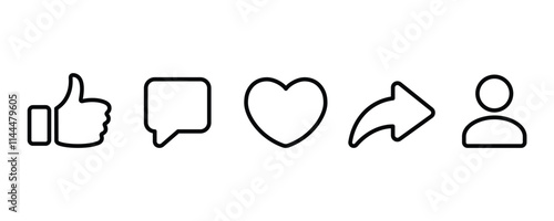 Social media line icons. Thumbs up, Heart, like, share, comment, and repost icon. Vector illustration