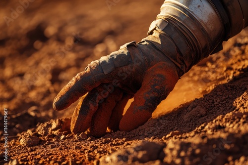 A gloved hand, covered in red Martian dust, delicately touches the alien soil, exploring a new world. photo